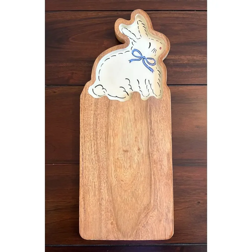 Wooden Easter Bunny Cheese Board with Floral Knife - New With Tags & Bow